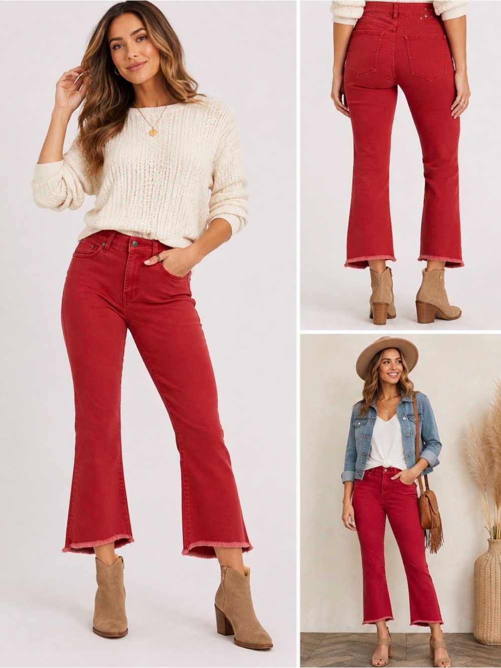 CAbi Jeans Hi-Low Crop Red Raw Frayed Hem Flare Denim Women’s Size 6 Boho Y2K